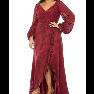 COPY - Mac Duggal Striped Burgundy Metallic Stripes Ruffled Gown Dress Plus Siz…